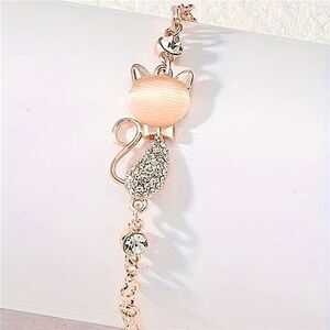 Charming Rose Gold Cat Inspired Bracelet Peach Stone Rhinestone Detail Jewelry